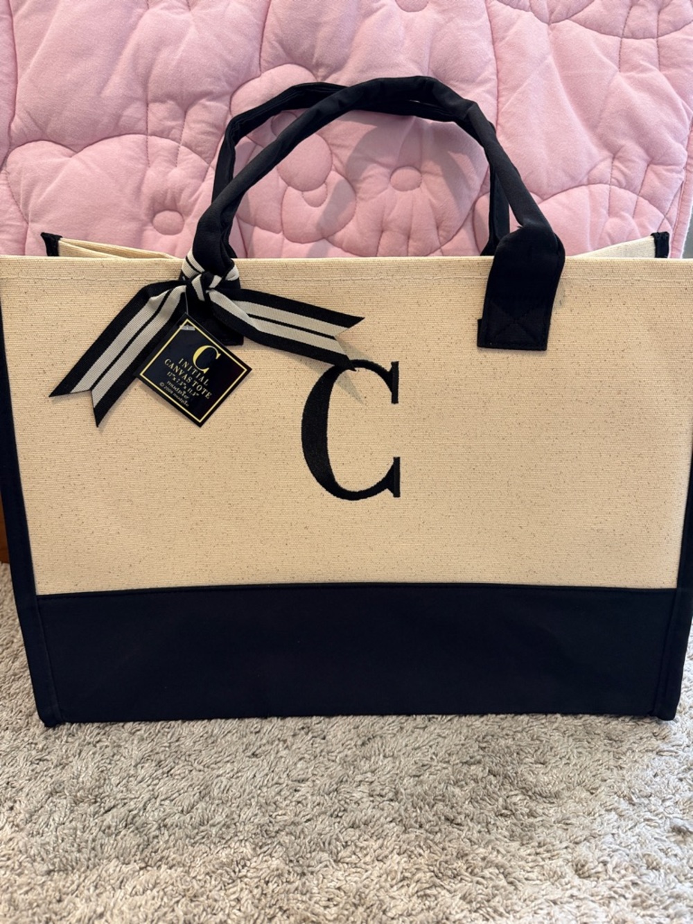 Mud Pie Cream and Black Canvas Initial Tote